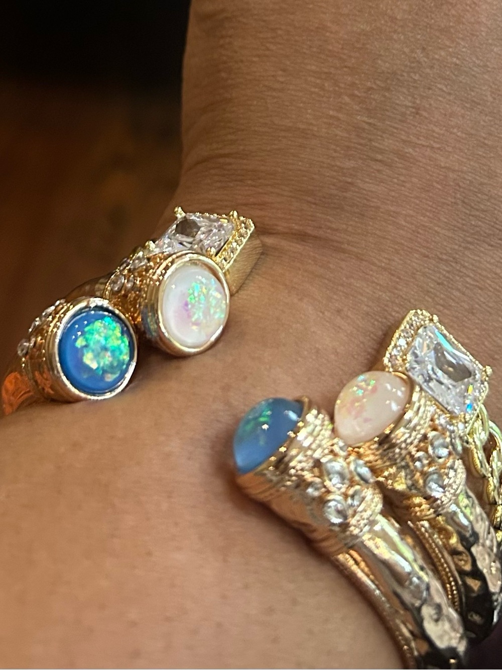 Gold Opal Statement Bracelet - Blue and White Opal Accents